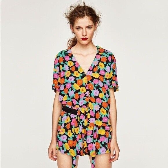 ZARA Trafaluc Small Floral Print Button-Up Shirt Open V-Neck Rolled Short Sleeve - Picture 1 of 16